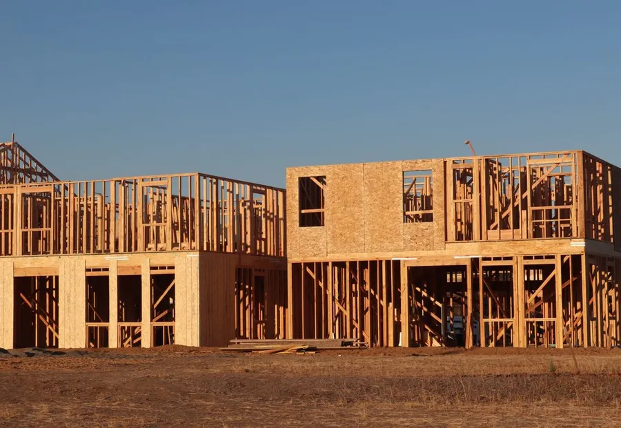 A row of adjoining house frames at an early stage, seen across bare graded ground in low evening light
