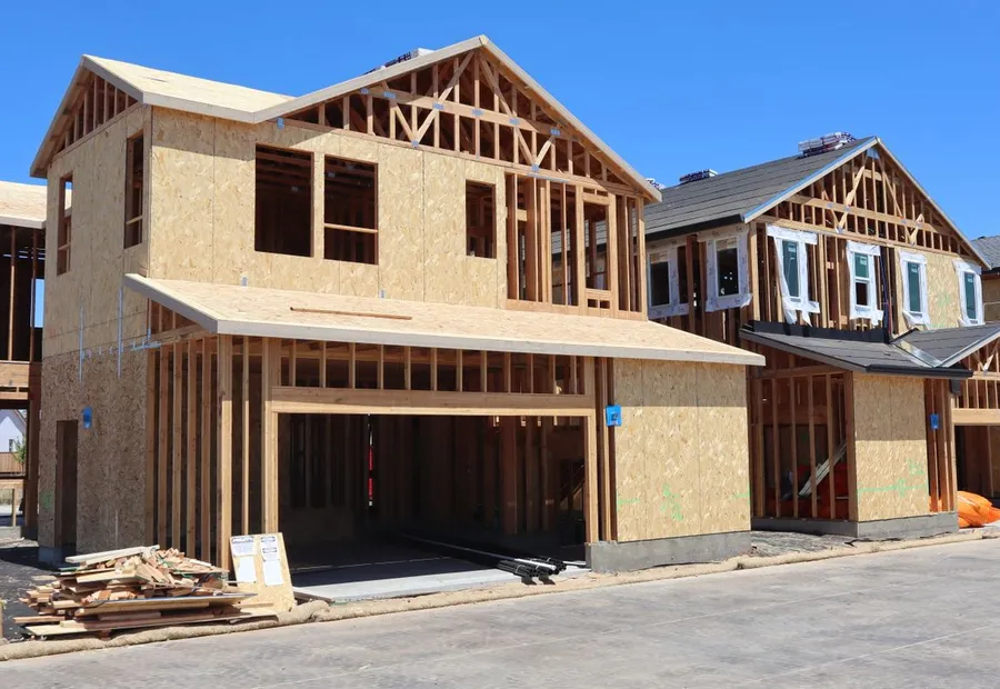 A framed garage opening and the sheathed wall above it, with a completed house visible further along the street